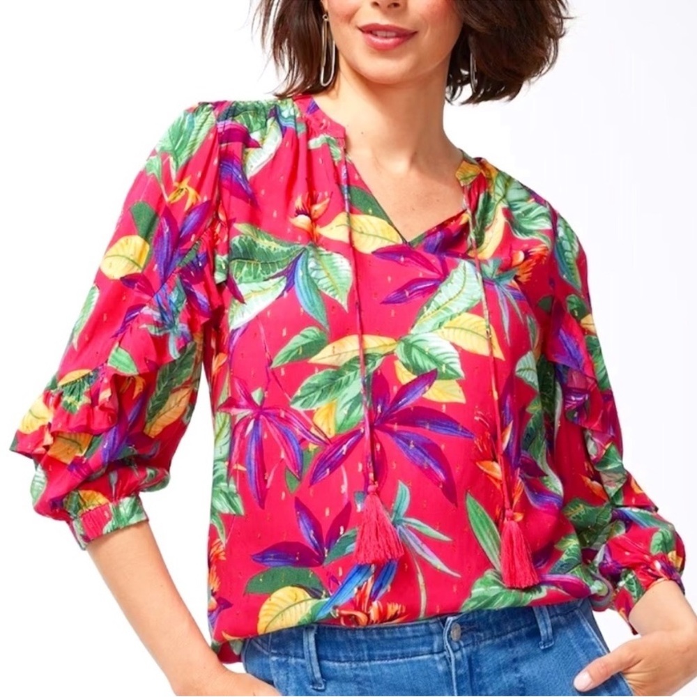 NWT Chico's Floral Clip Dot Ruffle Blouse Tropical Hawaiian Size 2 large